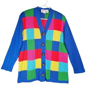 Women's Vtg Patchwork Colorblock Cardigan‎ Sweater Size 12 Rainbow Retro Teacher